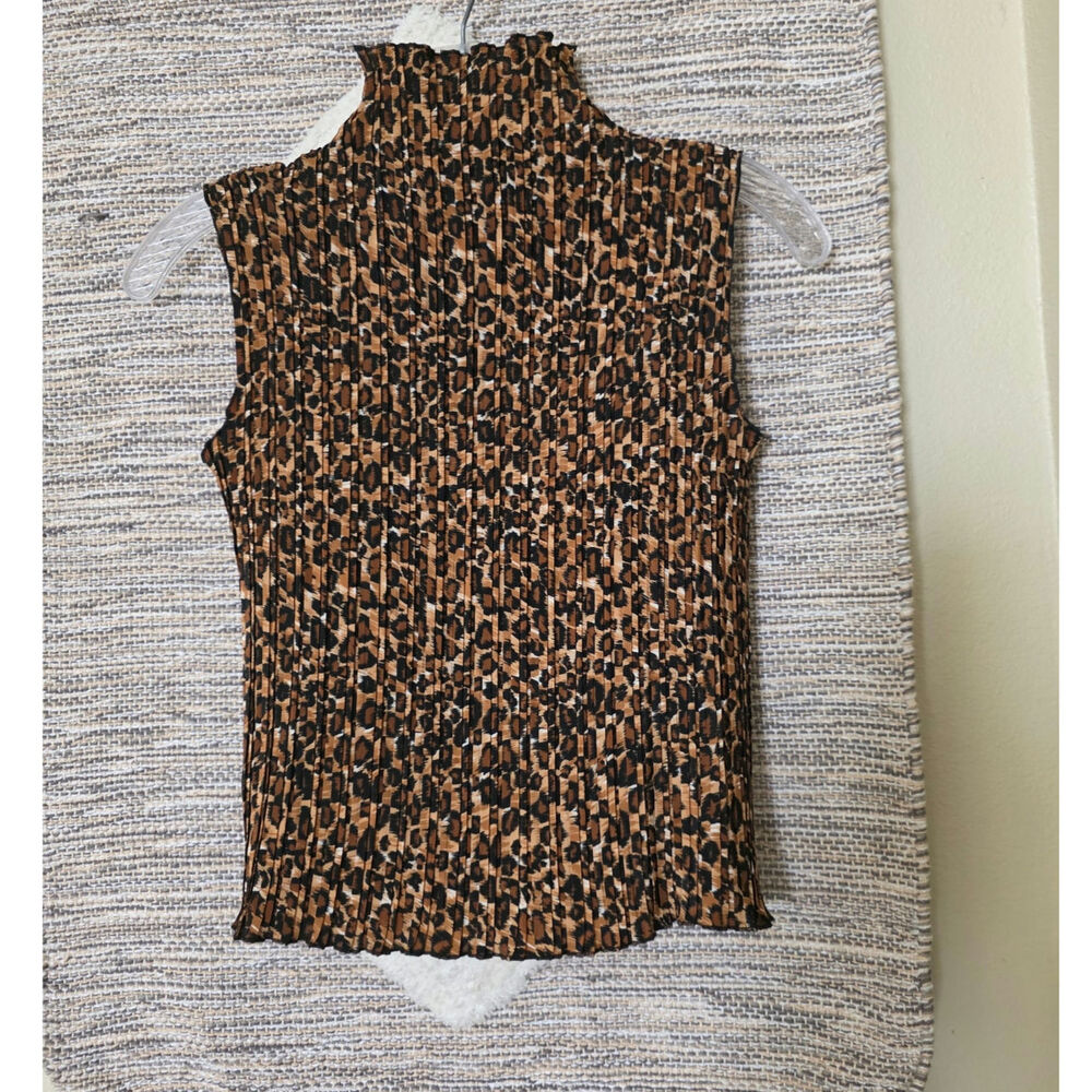 Vintage Pleated Mock Neck Sleeveless Leopard Print Top Brown Black Size M